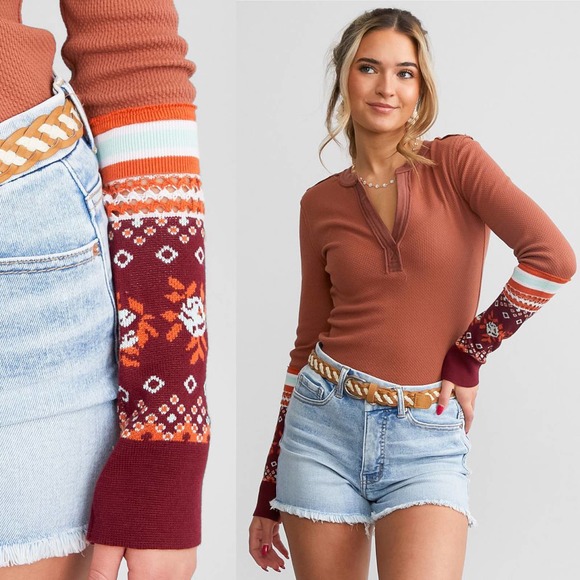 Free People Tops - Free People Mikah Layering Cuff Thermal Top Sweater Autumn Combo Brown S NWT